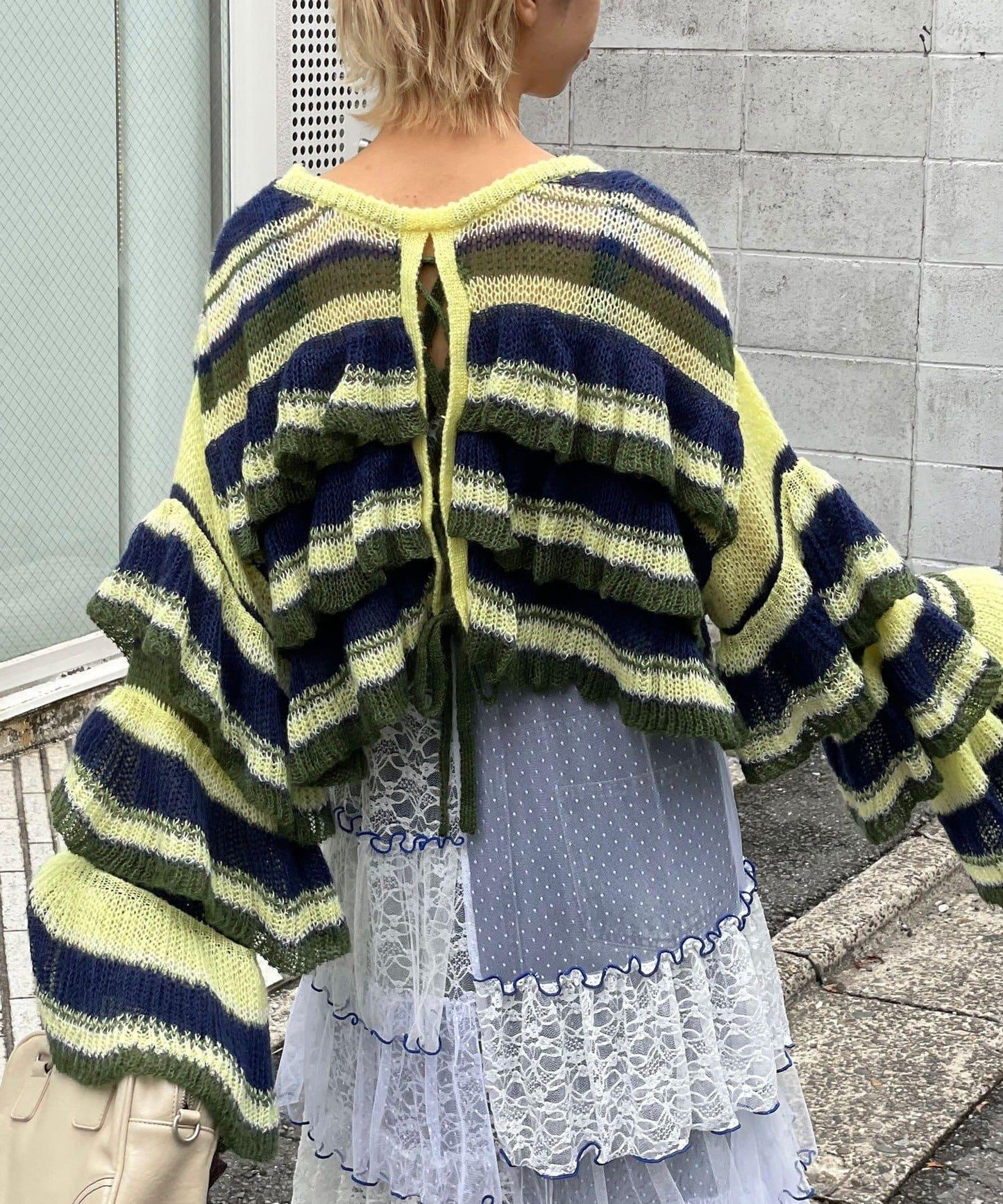 【HELLO.SANFRANCISCO/ハローサンフランシスコ】多色條紋透視荷葉邊針織衫