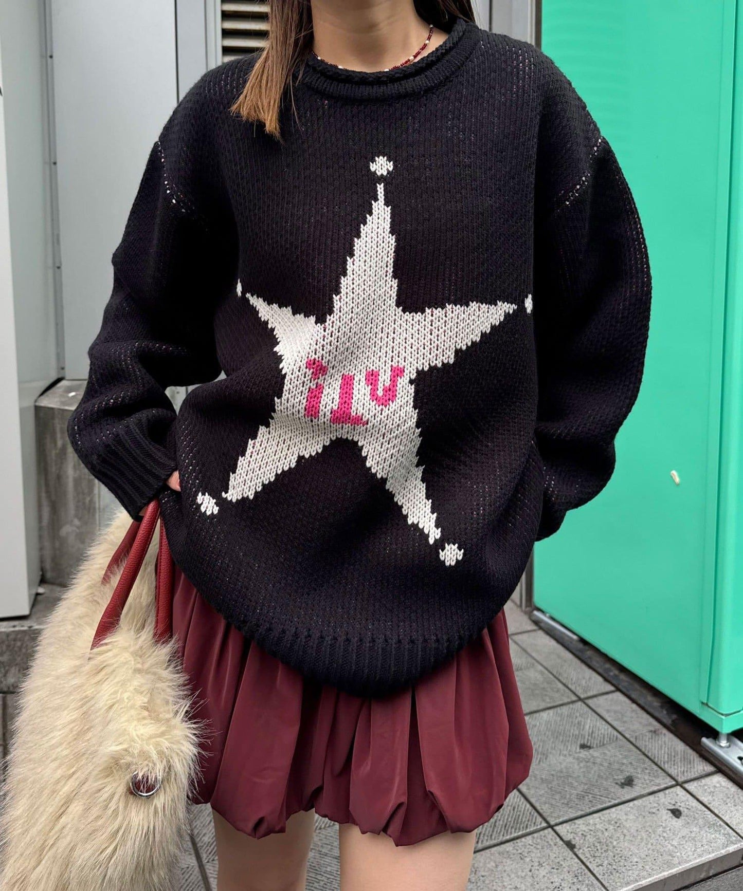 低密度提花拼接寬鬆針織衫