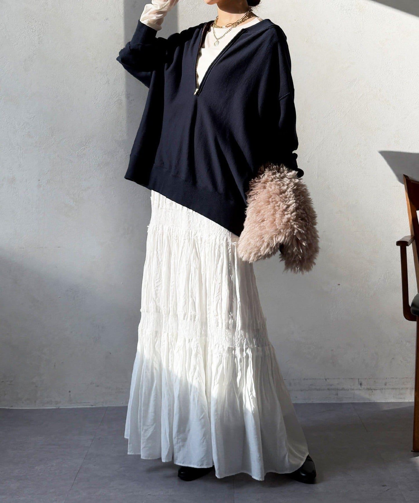 蕾絲拼接褶皺半身裙