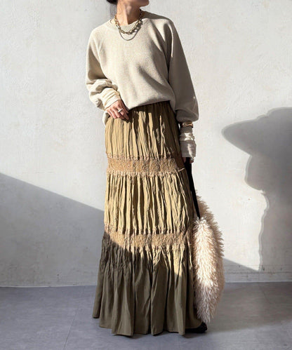 蕾絲拼接褶皺半身裙