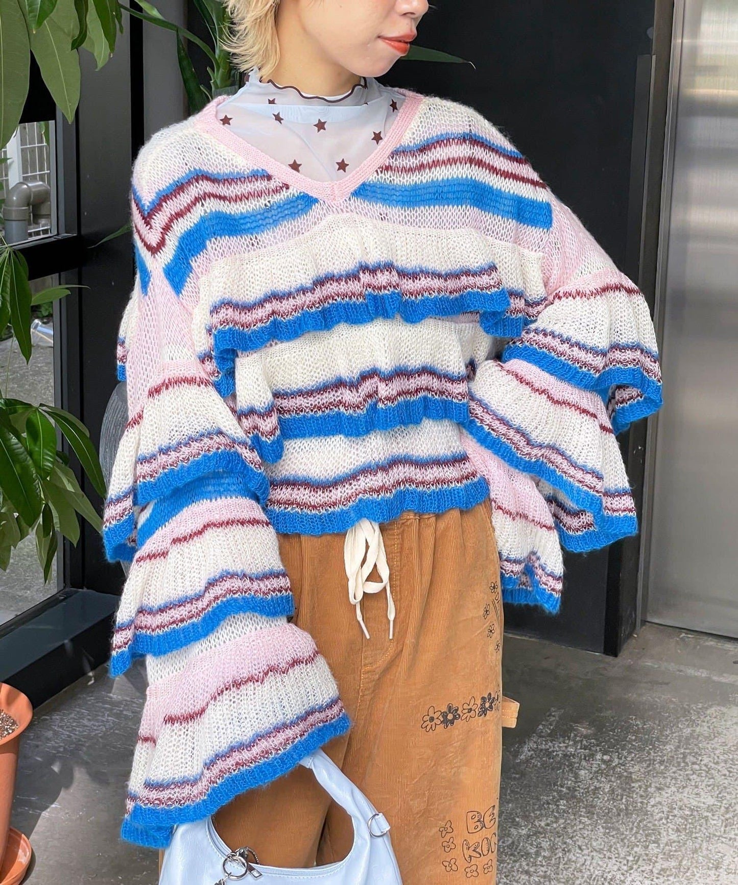 【HELLO.SANFRANCISCO/ハローサンフランシスコ】多色條紋透視荷葉邊針織衫