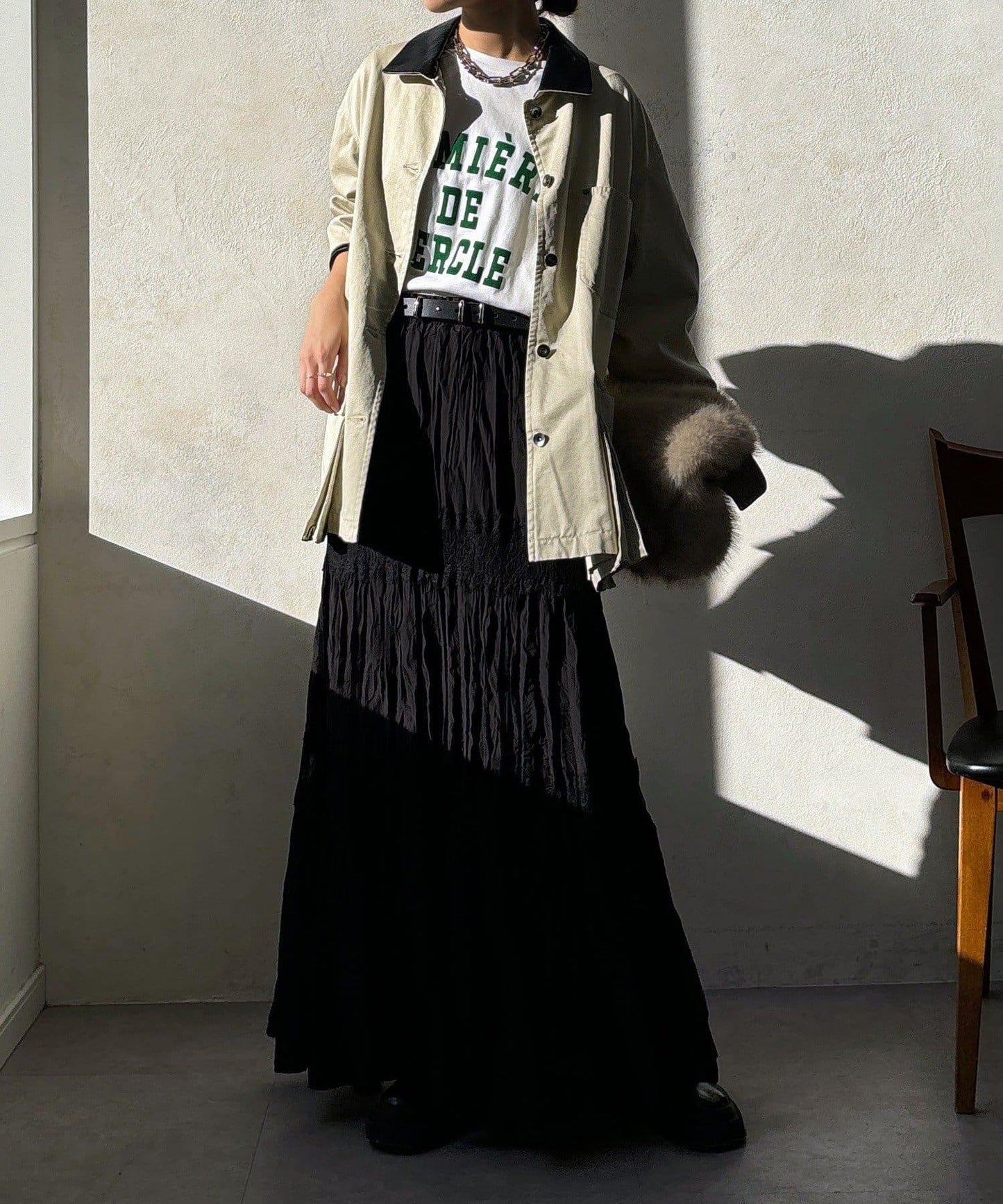 蕾絲拼接褶皺半身裙