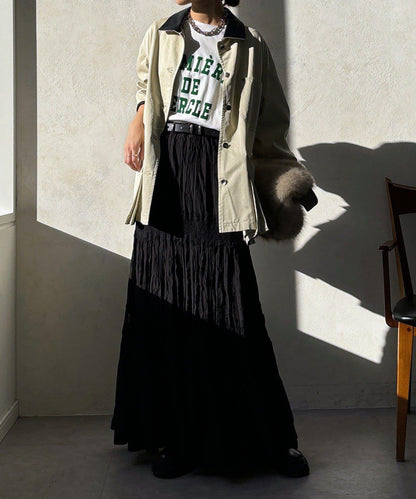 蕾絲拼接褶皺半身裙