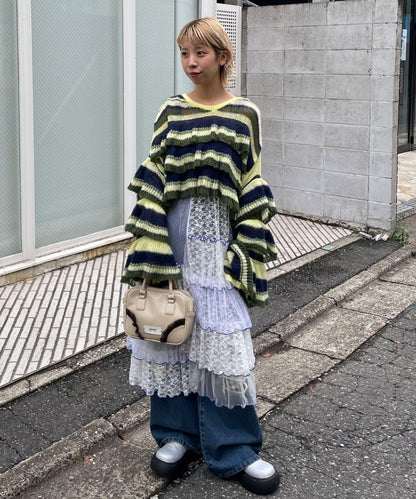 【HELLO.SANFRANCISCO/ハローサンフランシスコ】多色條紋透視荷葉邊針織衫