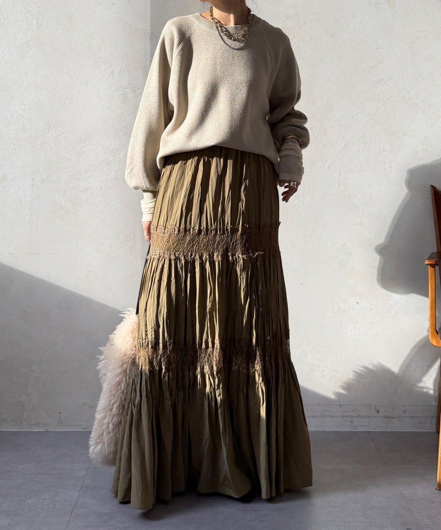 蕾絲拼接褶皺半身裙