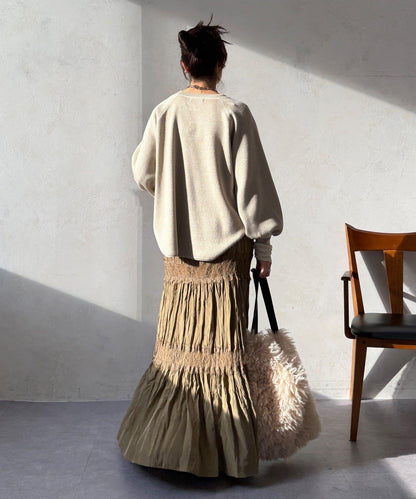 蕾絲拼接褶皺半身裙