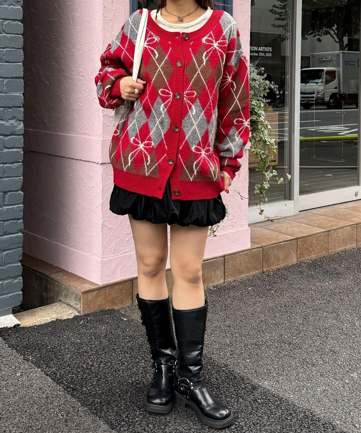 蝴蝶結菱格針織開衫