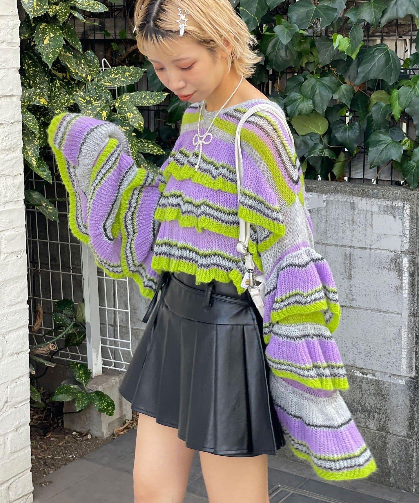 【HELLO.SANFRANCISCO/ハローサンフランシスコ】多色條紋透視荷葉邊針織衫