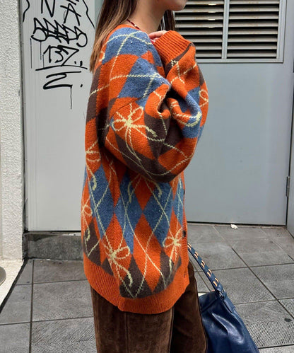 蝴蝶結菱格針織開衫