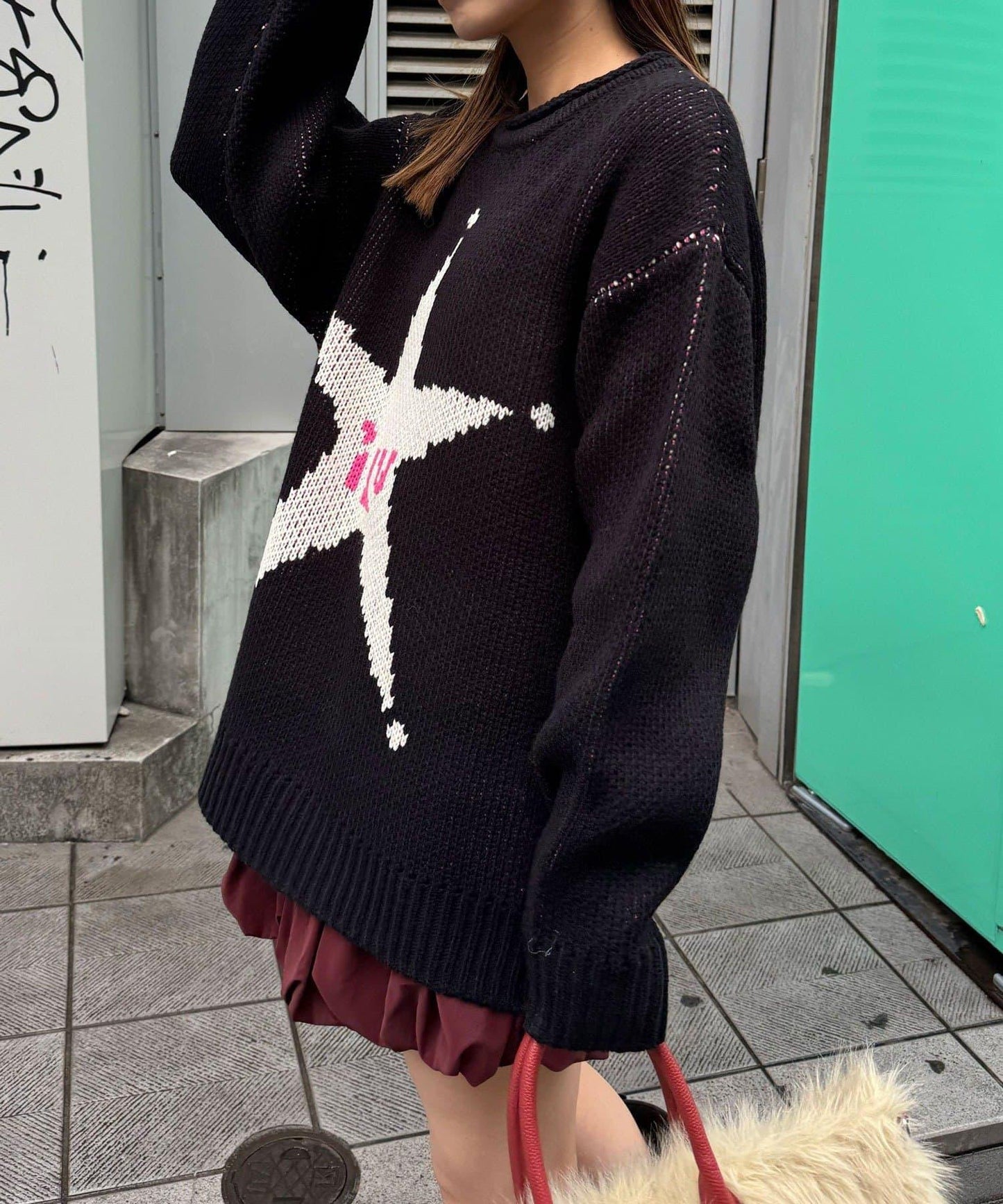 低密度提花拼接寬鬆針織衫