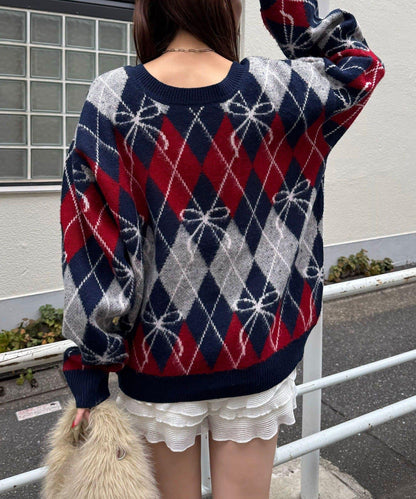 蝴蝶結菱格針織開衫