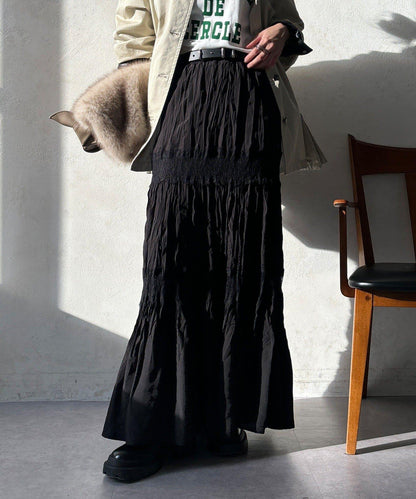 蕾絲拼接褶皺半身裙