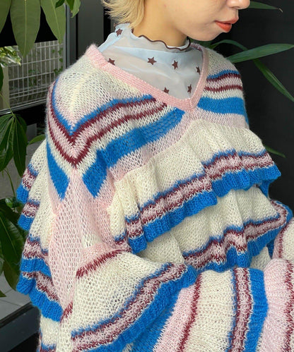 【HELLO.SANFRANCISCO/ハローサンフランシスコ】多色條紋透視荷葉邊針織衫