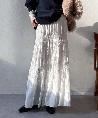 蕾絲拼接褶皺半身裙