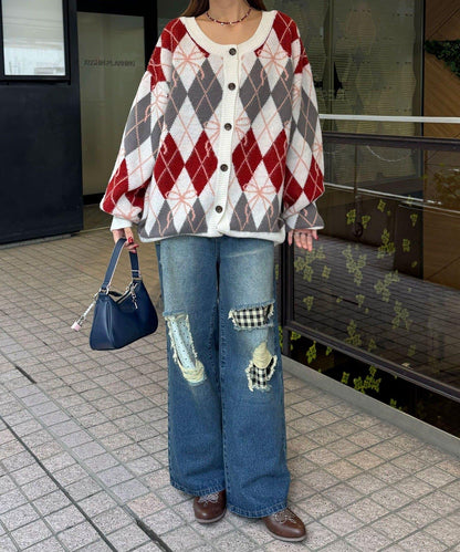 蝴蝶結菱格針織開衫