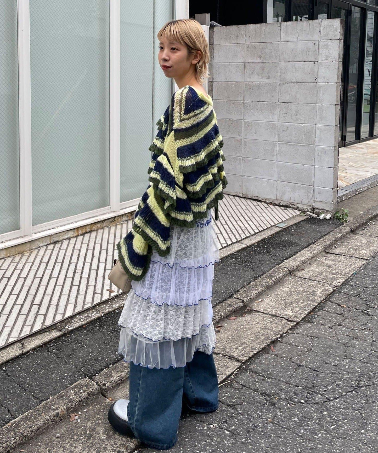 【HELLO.SANFRANCISCO/ハローサンフランシスコ】多色條紋透視荷葉邊針織衫