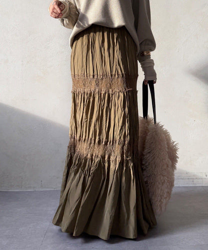 蕾絲拼接褶皺半身裙