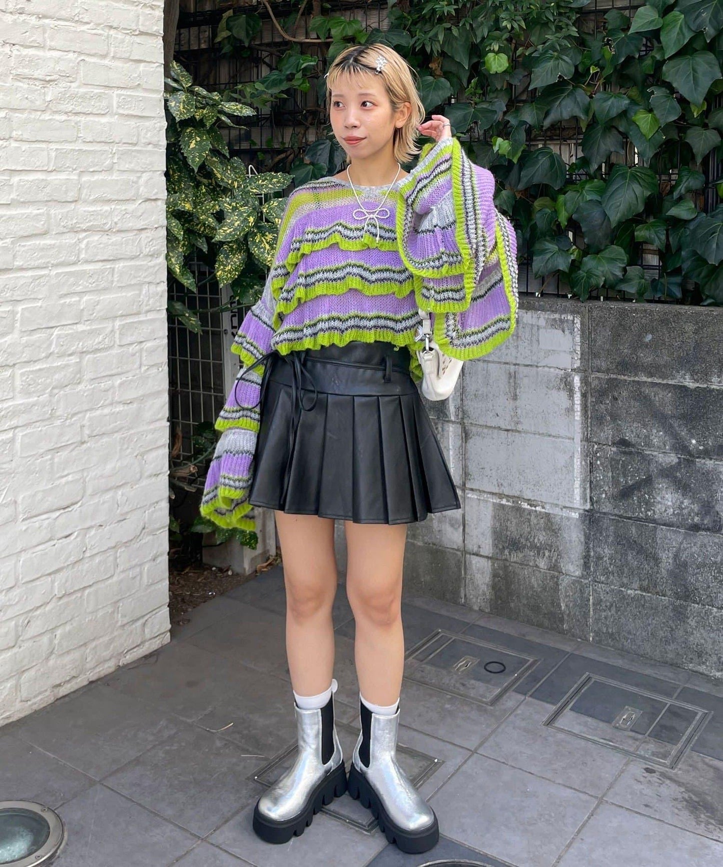 【HELLO.SANFRANCISCO/ハローサンフランシスコ】多色條紋透視荷葉邊針織衫