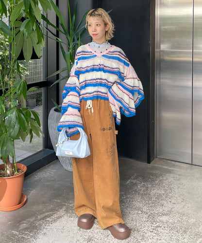 【HELLO.SANFRANCISCO/ハローサンフランシスコ】多色條紋透視荷葉邊針織衫