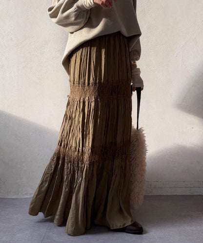 蕾絲拼接褶皺半身裙