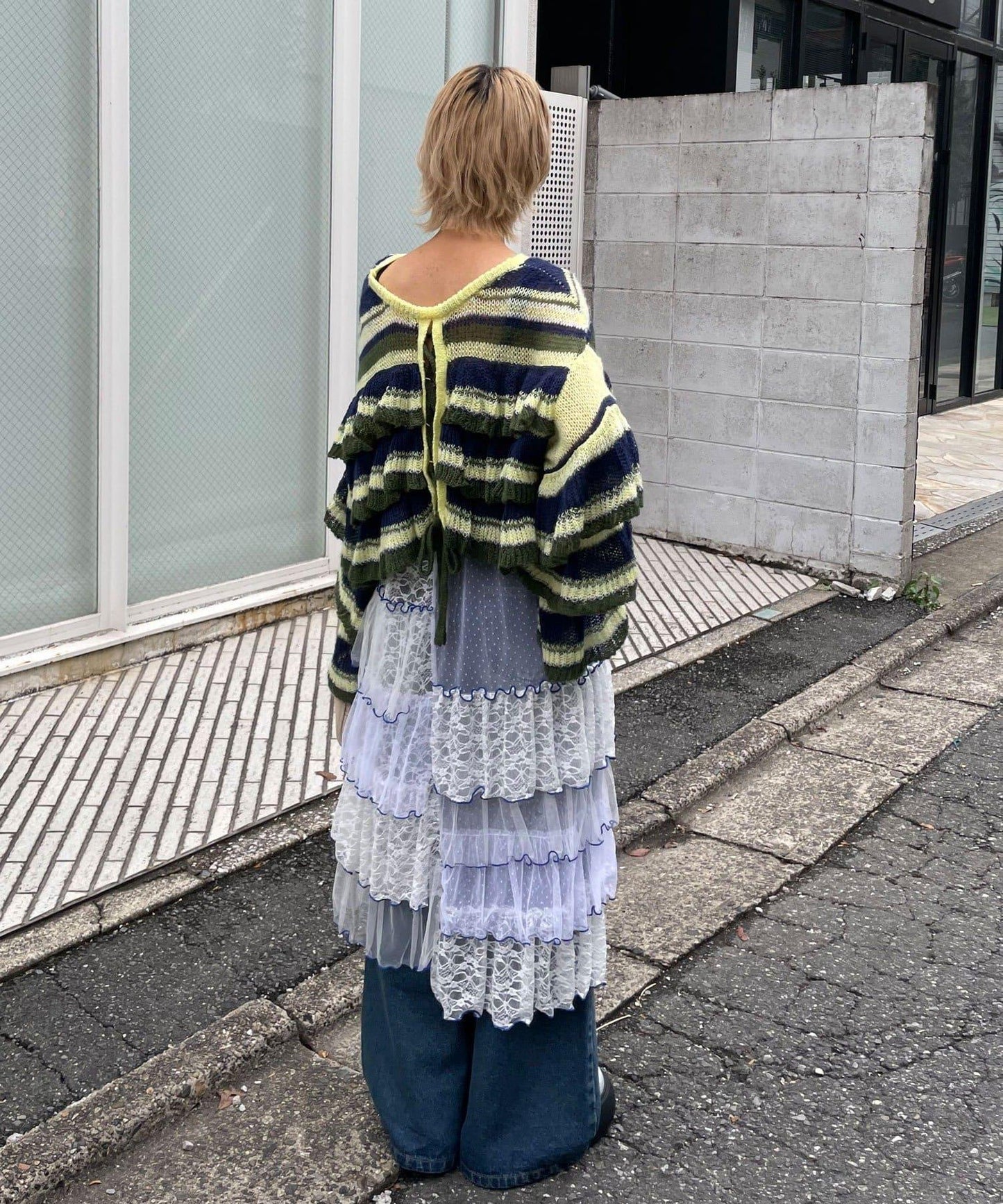 【HELLO.SANFRANCISCO/ハローサンフランシスコ】多色條紋透視荷葉邊針織衫