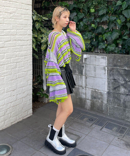 【HELLO.SANFRANCISCO/ハローサンフランシスコ】多色條紋透視荷葉邊針織衫