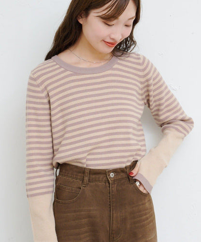【4色可選】B 條紋指孔針織上衣