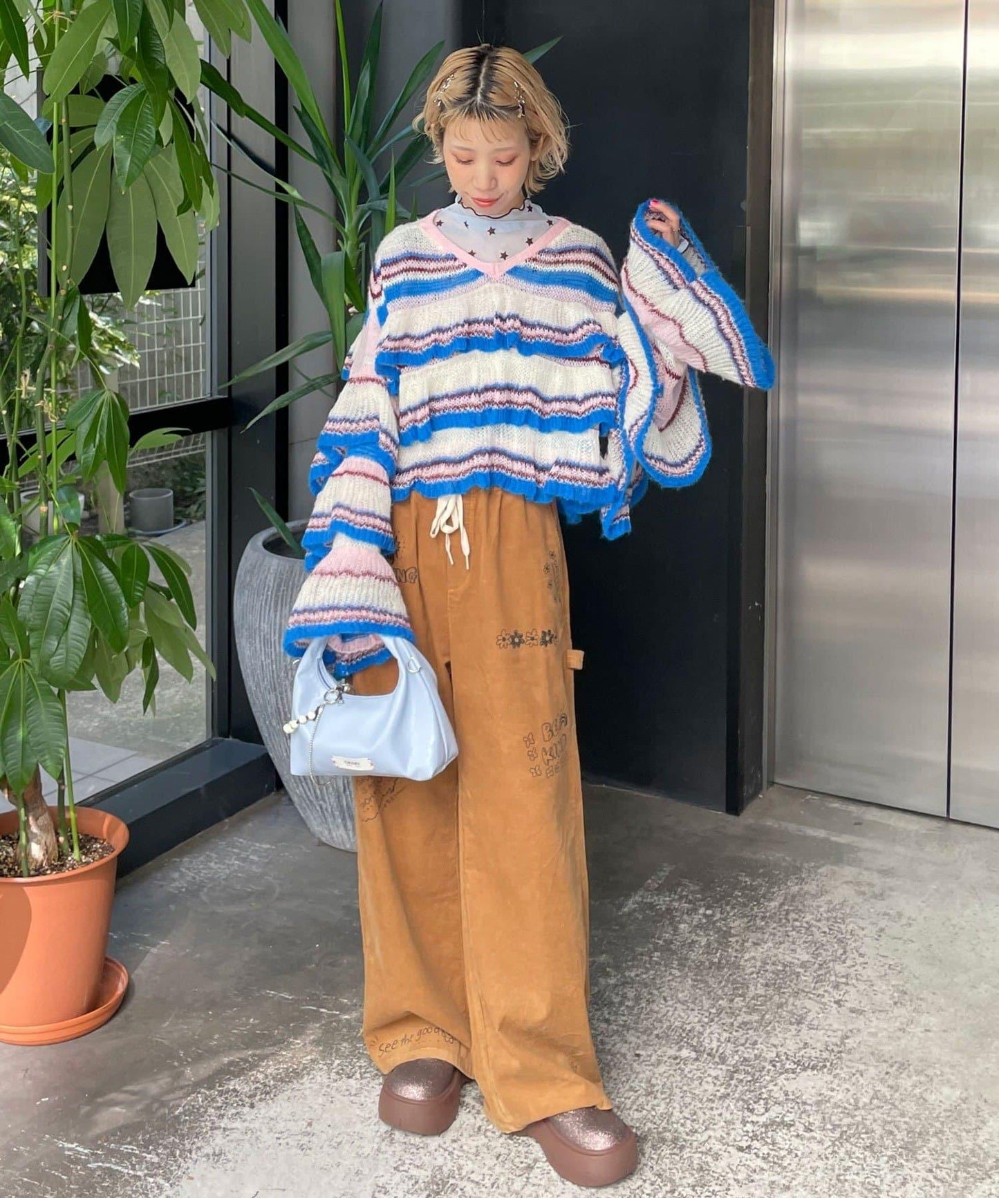 【HELLO.SANFRANCISCO/ハローサンフランシスコ】多色條紋透視荷葉邊針織衫