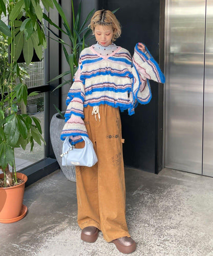 【HELLO.SANFRANCISCO/ハローサンフランシスコ】多色條紋透視荷葉邊針織衫