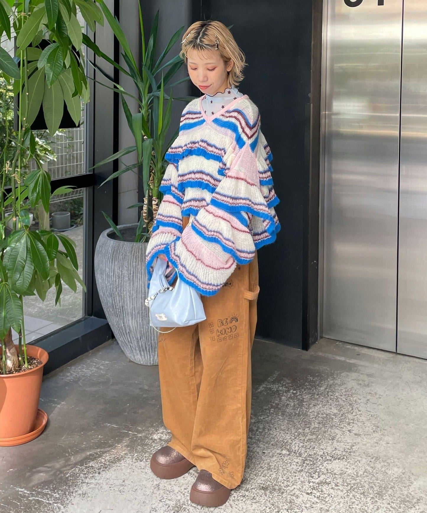 【HELLO.SANFRANCISCO/ハローサンフランシスコ】多色條紋透視荷葉邊針織衫