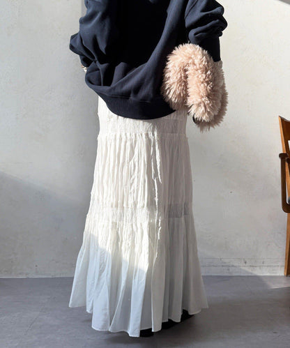 蕾絲拼接褶皺半身裙