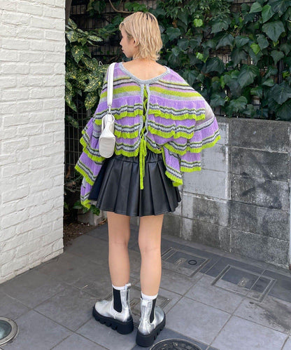 【HELLO.SANFRANCISCO/ハローサンフランシスコ】多色條紋透視荷葉邊針織衫