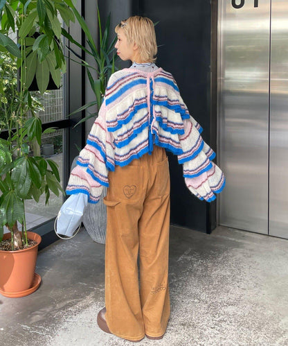 【HELLO.SANFRANCISCO/ハローサンフランシスコ】多色條紋透視荷葉邊針織衫