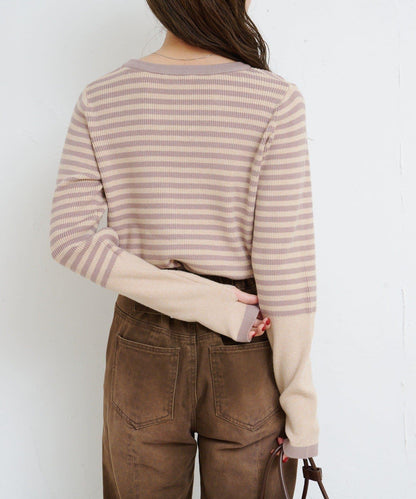 【4色可選】B 條紋指孔針織上衣