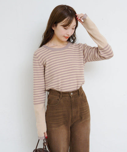 B條紋指洞針織上衣