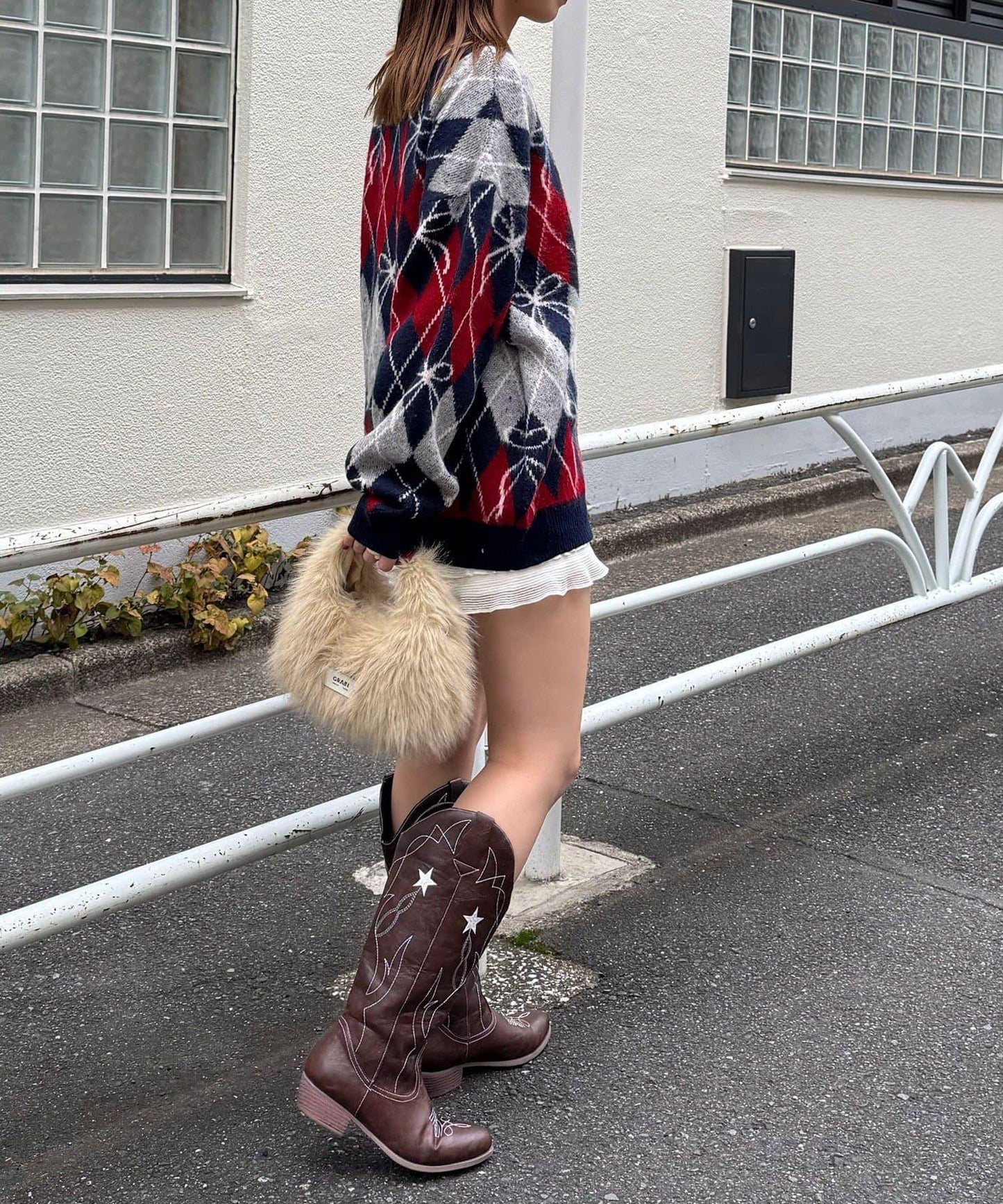 蝴蝶結菱格針織開衫