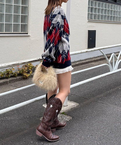 蝴蝶結菱格針織開衫