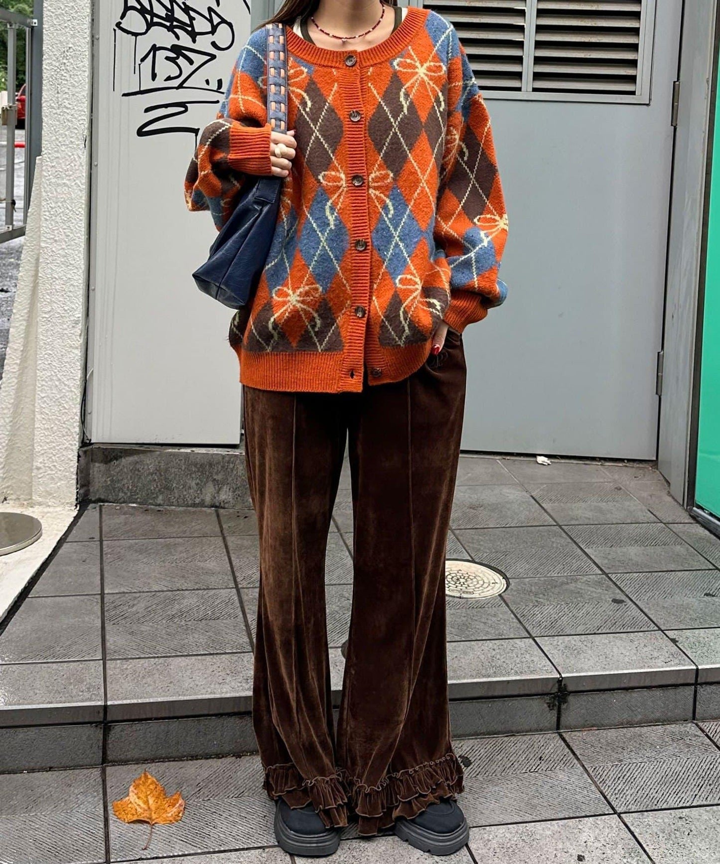 蝴蝶結菱格針織開衫