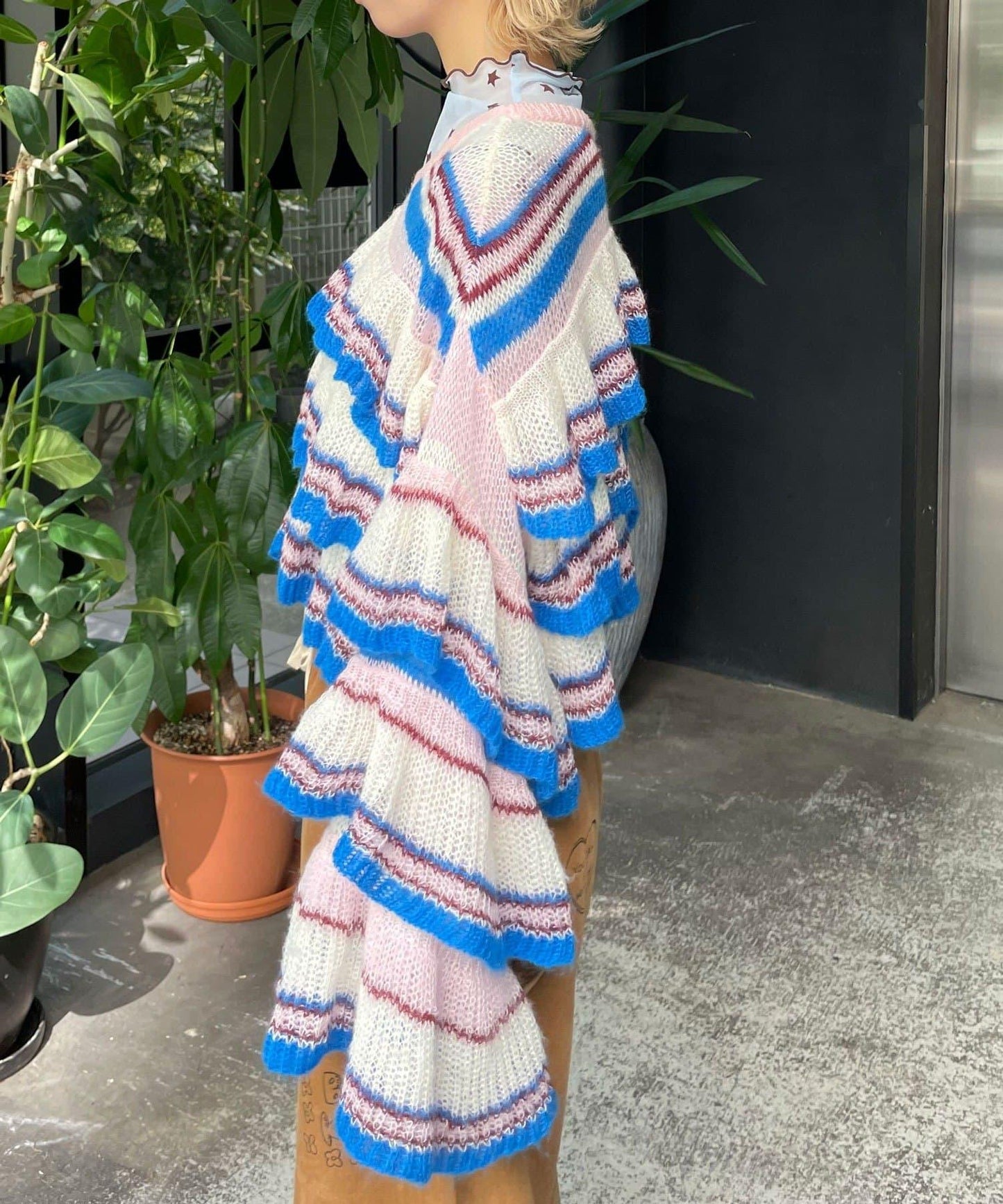 【HELLO.SANFRANCISCO/ハローサンフランシスコ】多色條紋透視荷葉邊針織衫