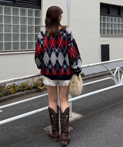 蝴蝶結菱格針織開衫