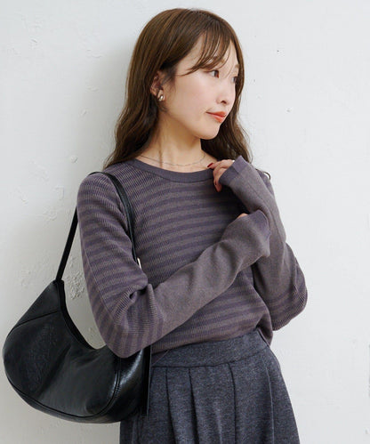 B條紋指洞針織上衣