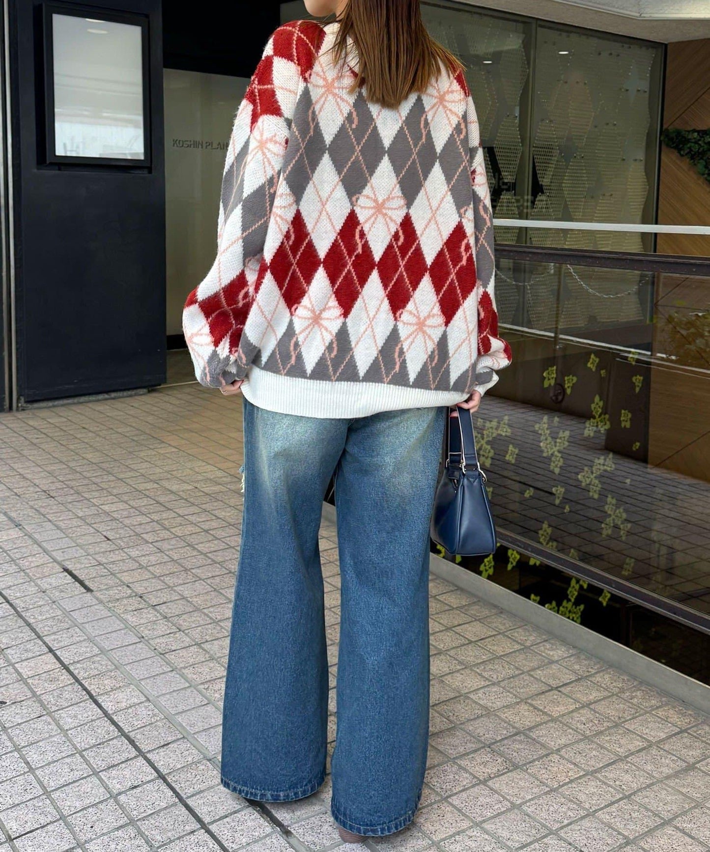 蝴蝶結菱格針織開衫