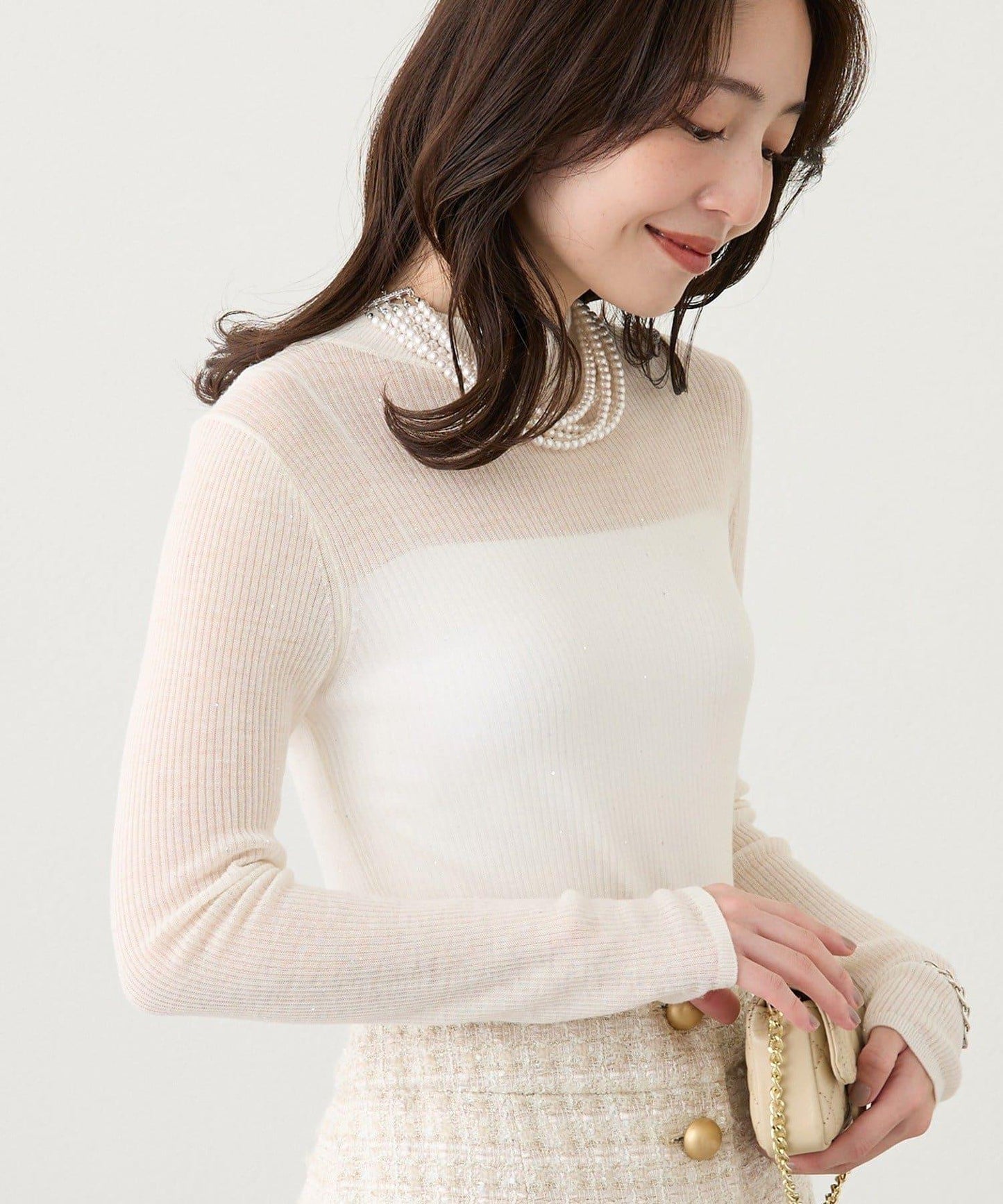 透視亮片高領羅紋針織衫