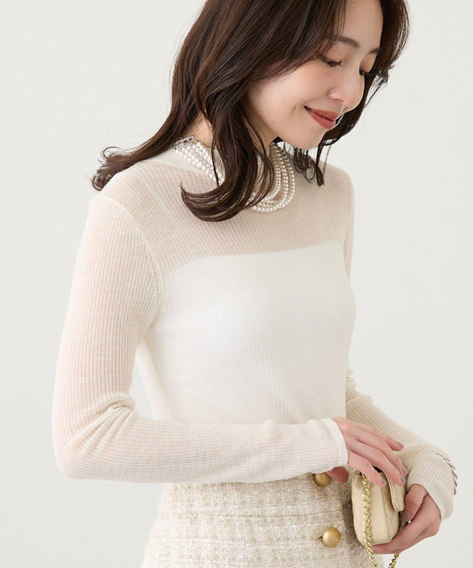 透視亮片高領羅紋針織衫