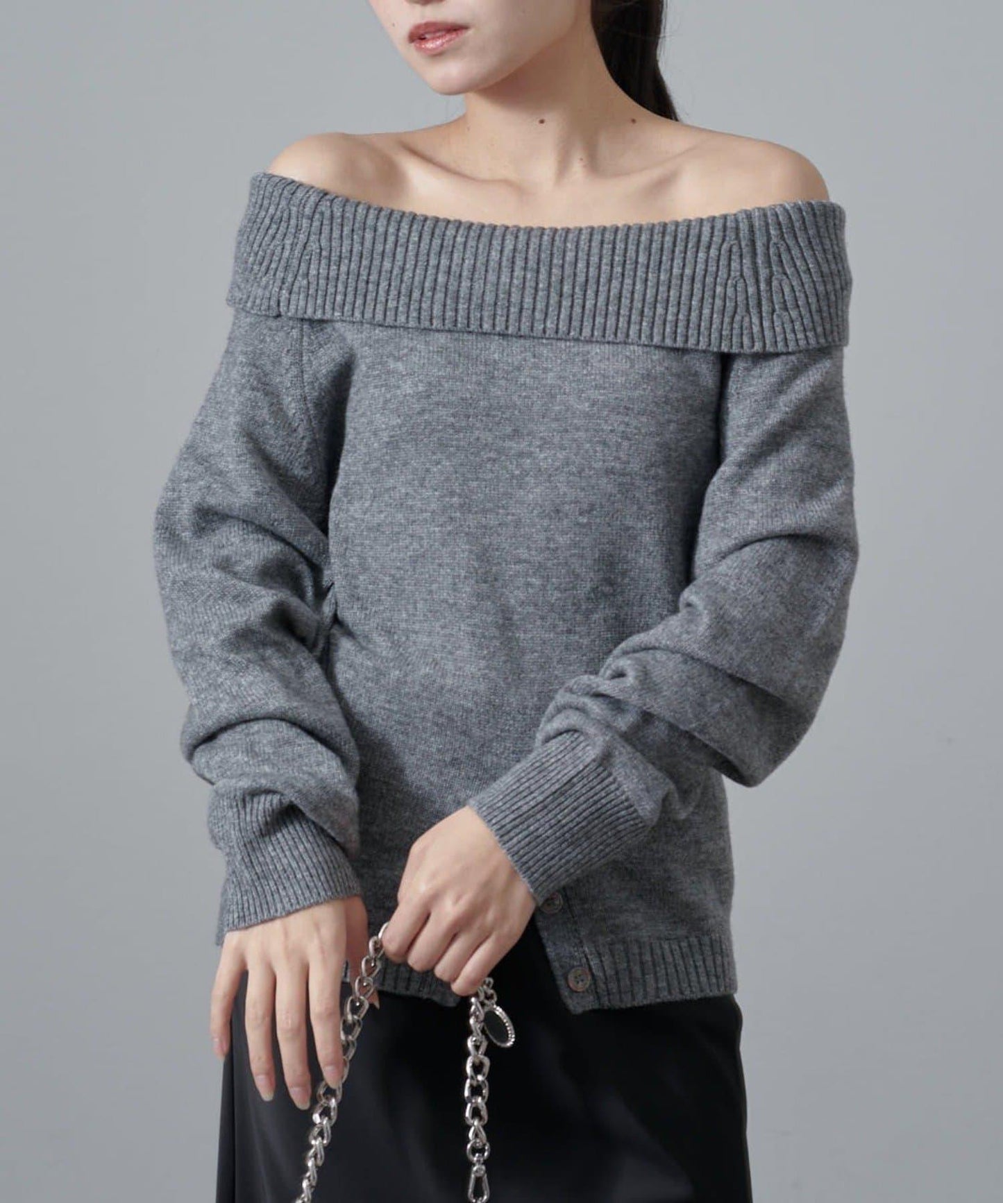 一字肩下襬設計針織套頭衫