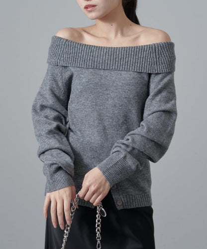 一字肩下襬設計針織套頭衫