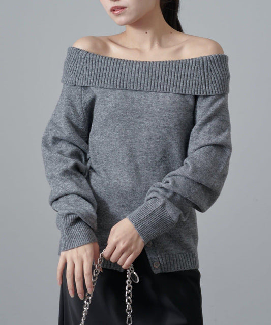 一字肩下襬設計針織套頭衫