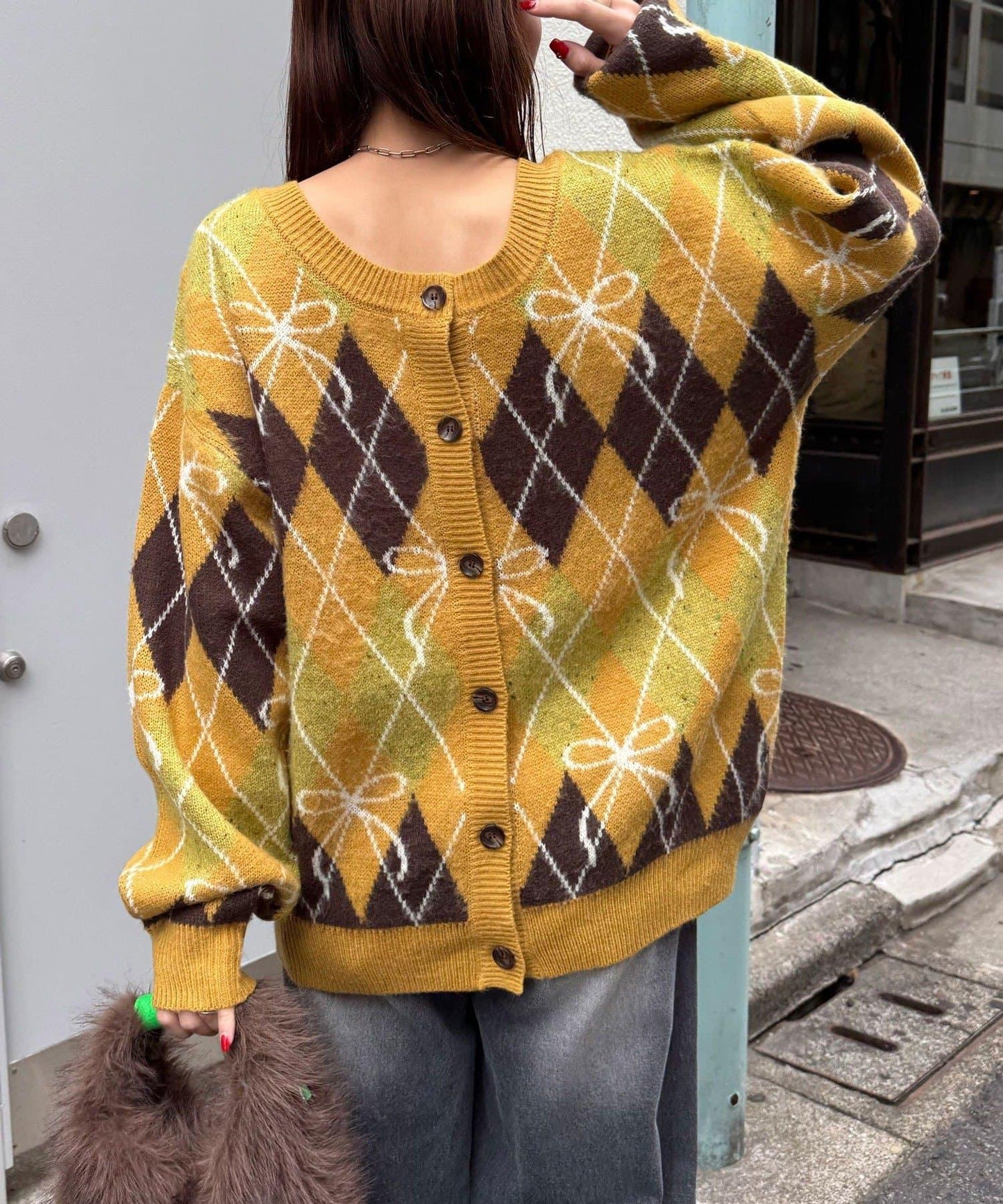 蝴蝶結菱格針織開衫