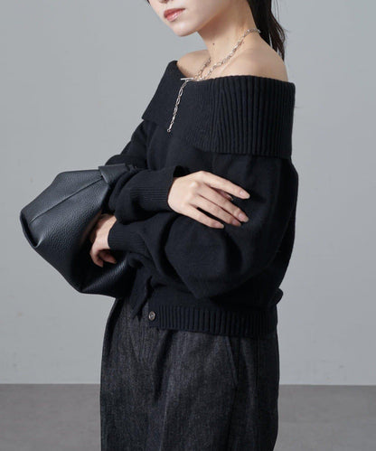一字肩下襬設計針織套頭衫