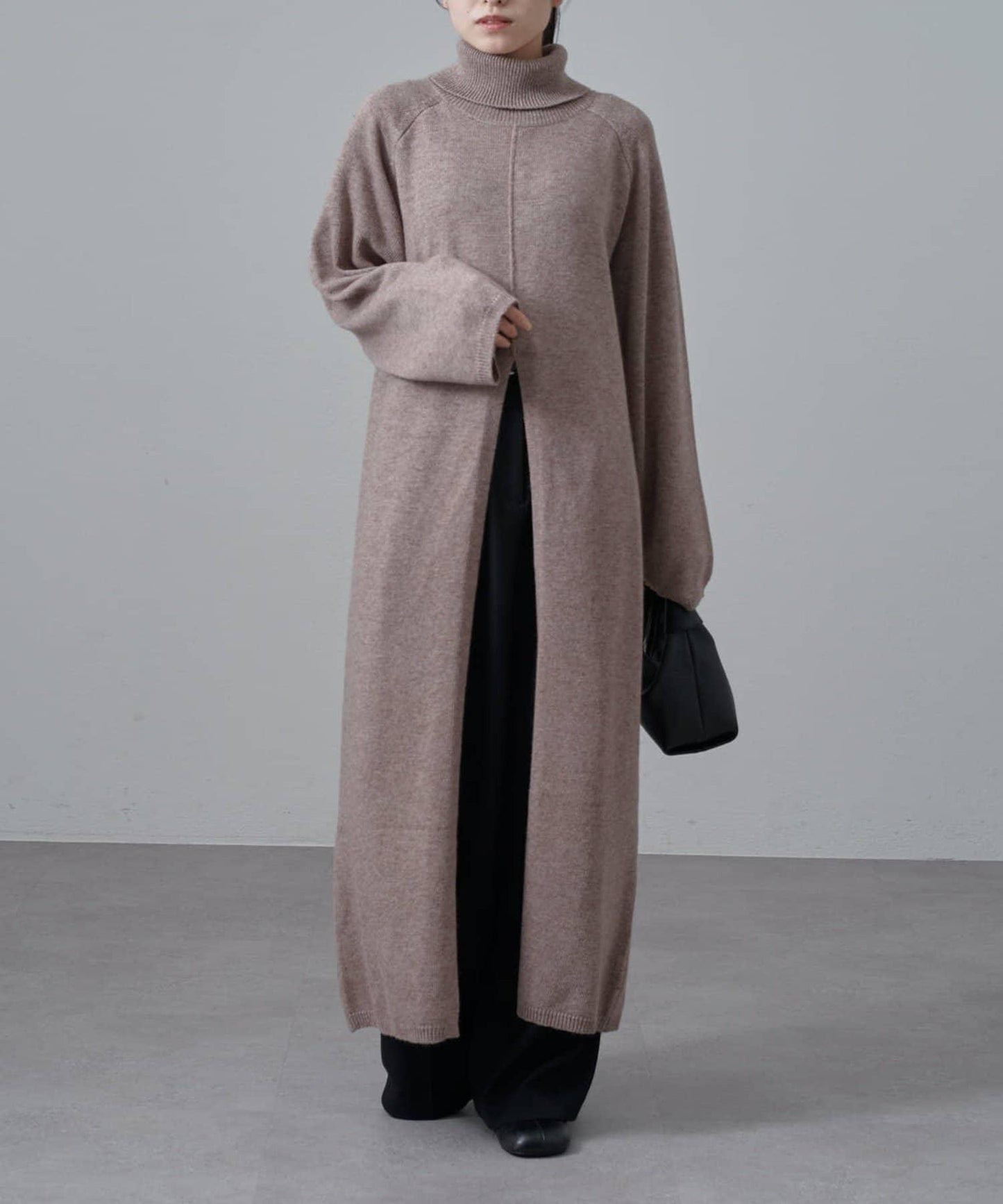 高領前開叉長款連衣裙